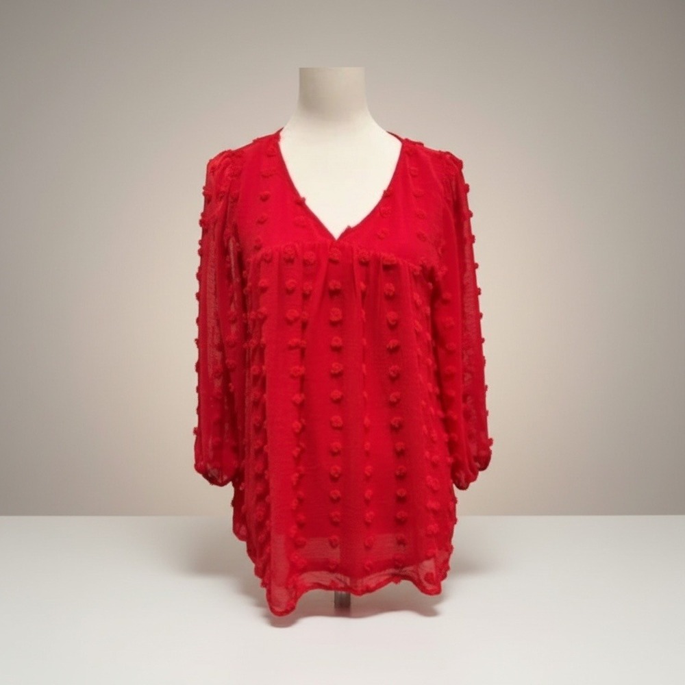 Jodifl Blouse Pom Pom Textured V Neck 3/4 Sleeve Top Red - Size Medium NEW